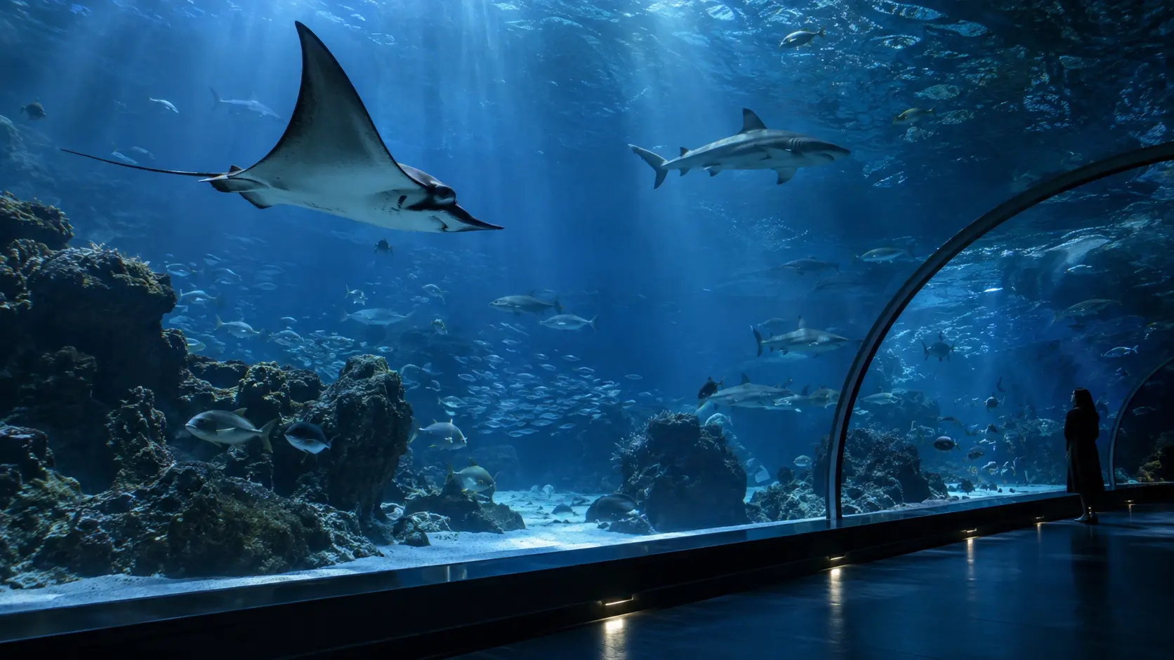 Razza e pesci in una grande vasca di acquario