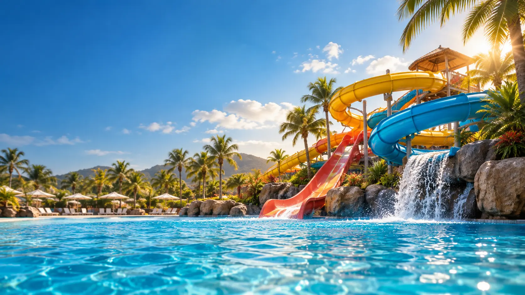 Piscina e scivoli colorati in un parco acquatico