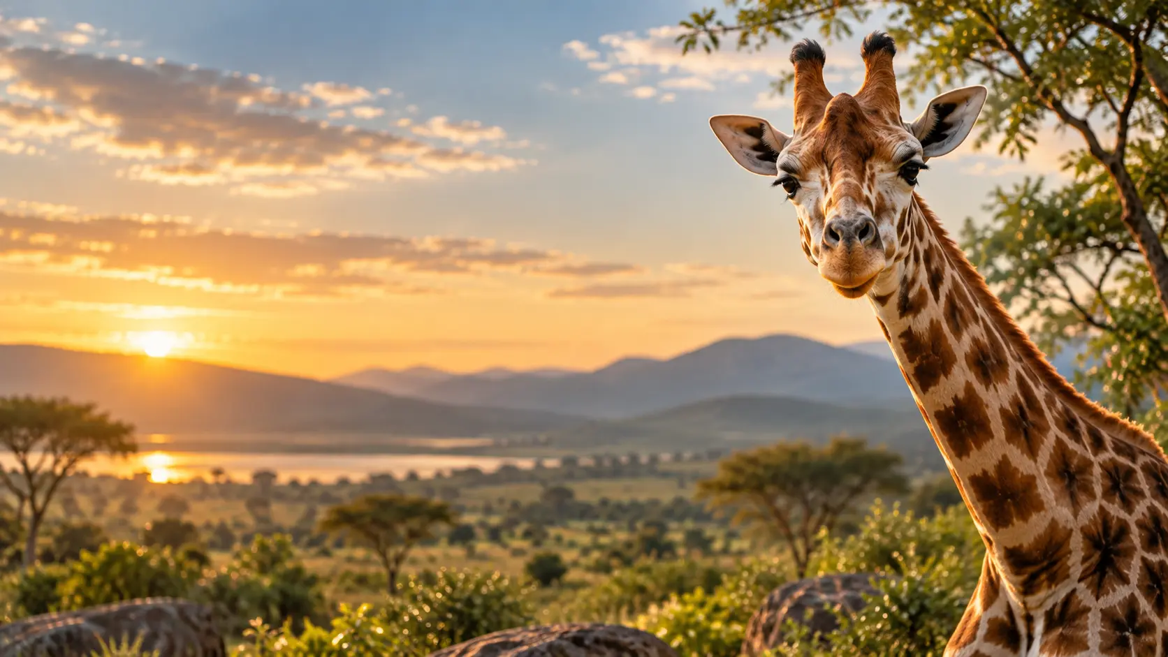 Giraffa e zebre in un paesaggio naturale al tramonto